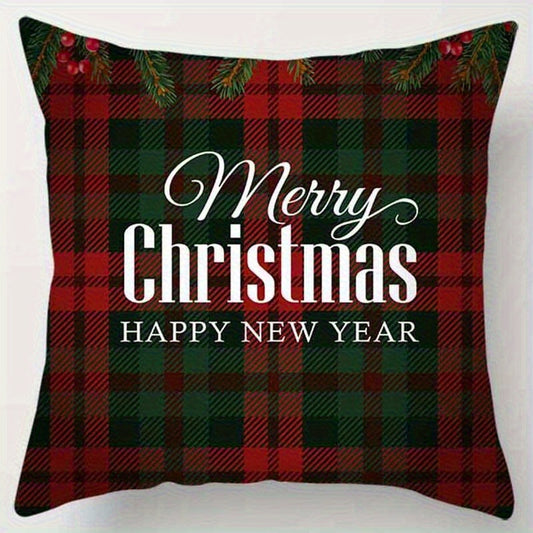 Red and green plaid pillow cover with Merry Christmas Happy New Year text