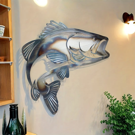 An intricate metallic iron fish wall hanging with a sleek, vintage-inspired finish. - Coastal Pillows Plus