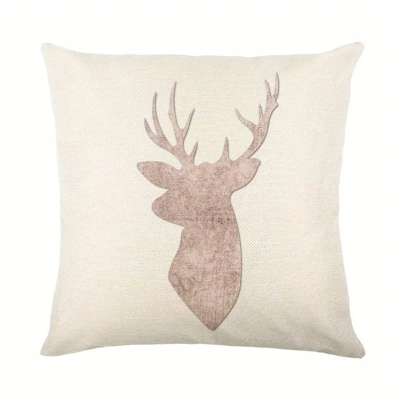 Square pillow cover featuring a centered deer head silhouette in muted brown tones on a neutral textured background.