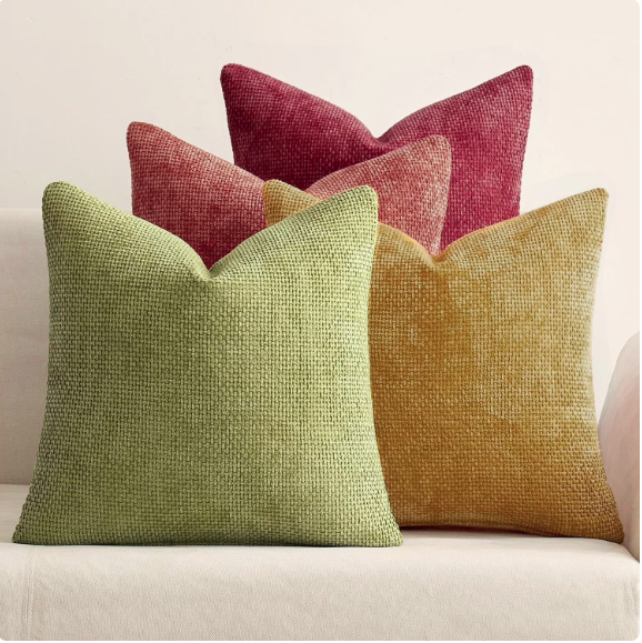 Radiant 18x18 inch pillow covers in Mustard, Terracotta, Burgundy, and Pear showing a heavy-weight linen-textured chenille weave for coastal décor – Coastal Pillows Plus.