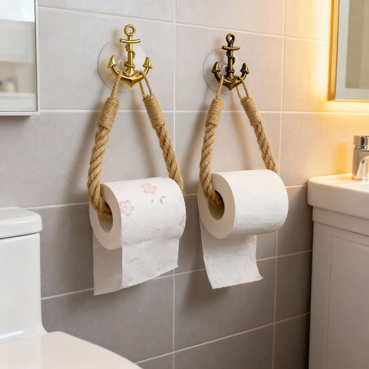 Rustic nautical jute rope toilet paper holder with a vintage anchor wall mount for coastal bathroom décor – Coastal Pillows Plus.