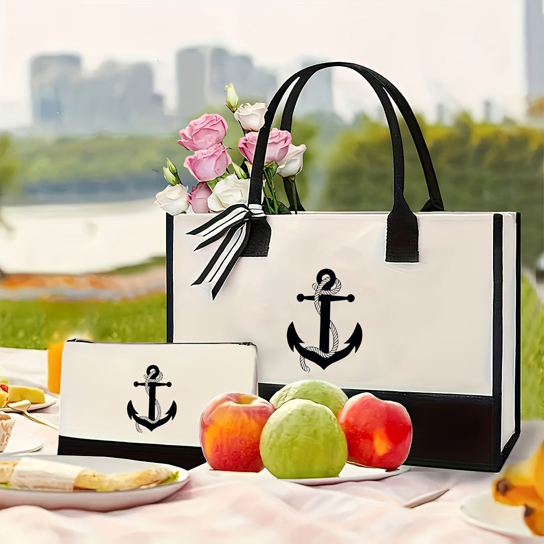 Large navy blue anchor tote bag in a durable canvas-polyester blend for beach or coastal décor.