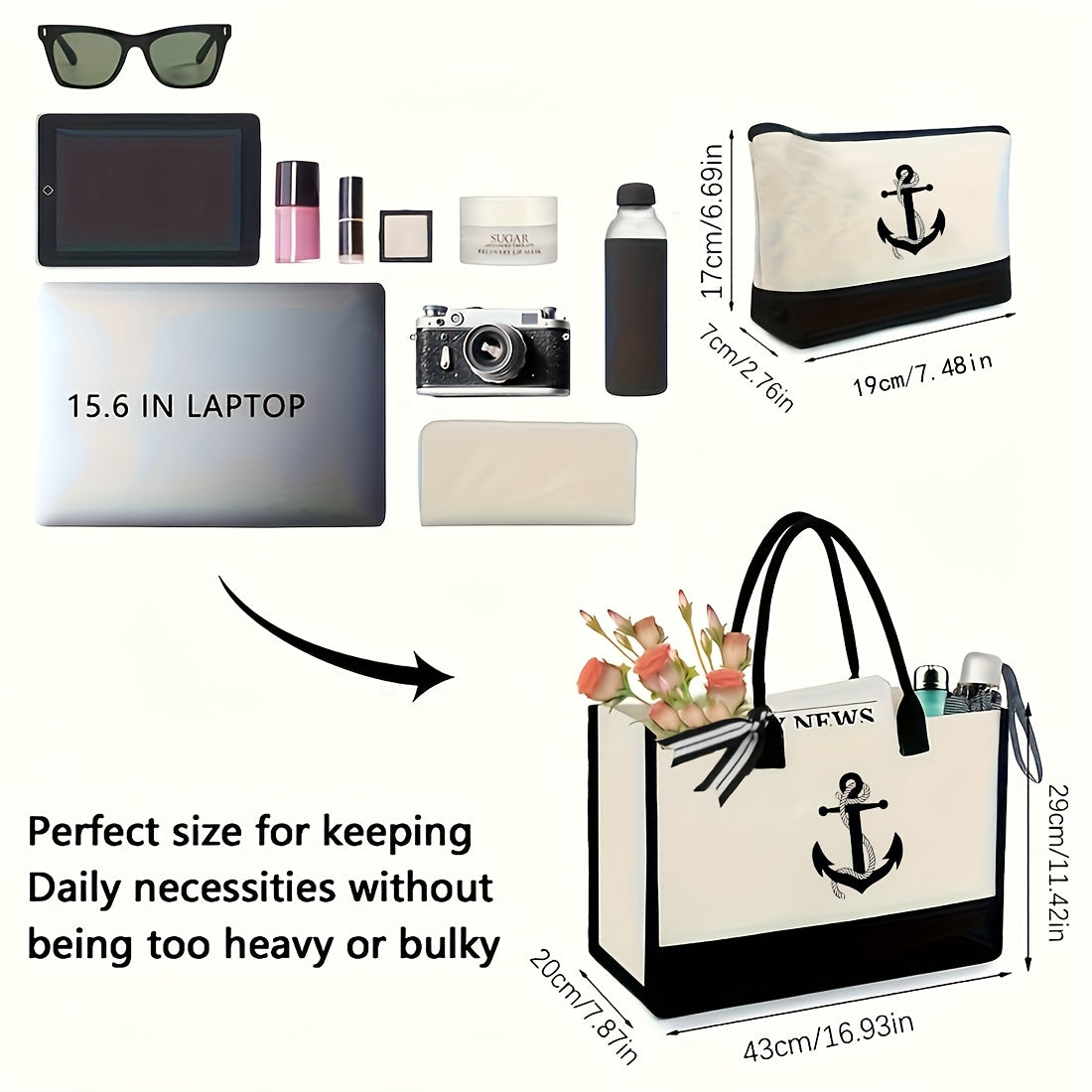 Large navy blue anchor tote bag in a durable canvas-polyester blend for beach or coastal décor.