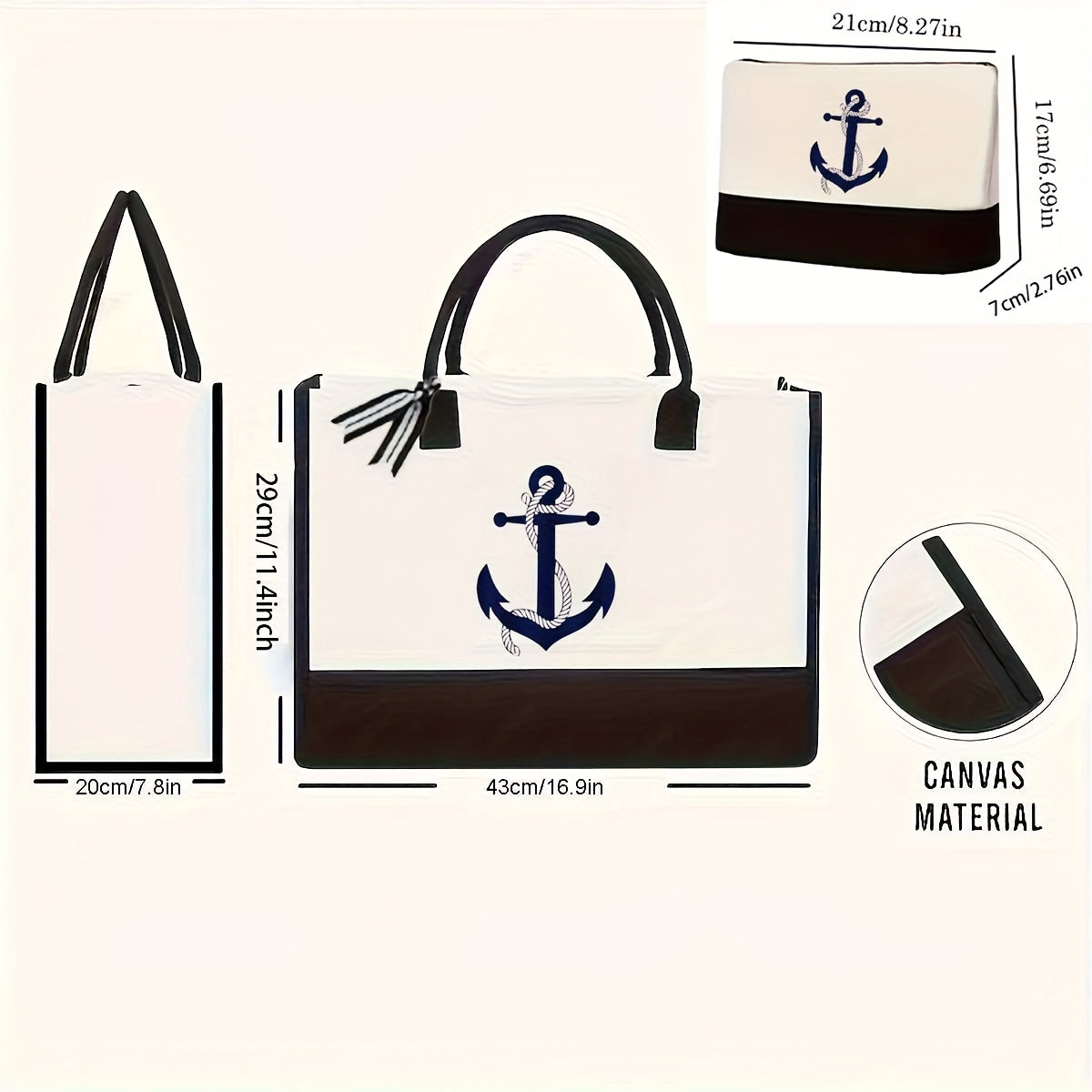 Large navy blue anchor tote bag in a durable canvas-polyester blend for beach or coastal décor.