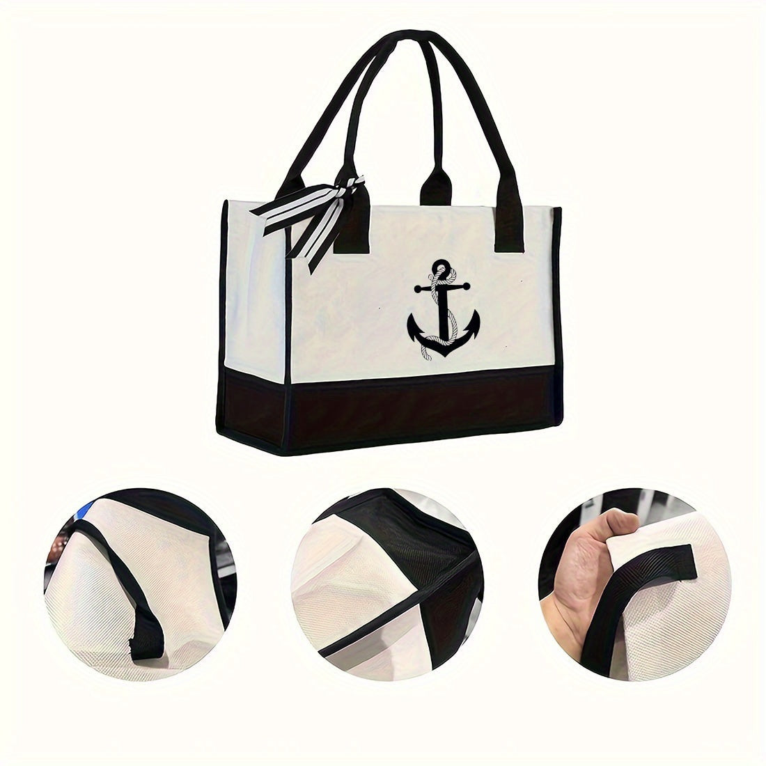Large navy blue anchor tote bag in a durable canvas-polyester blend for beach or coastal décor.