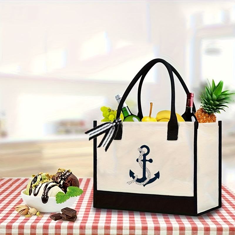 Large navy blue anchor tote bag in a durable canvas-polyester blend for beach or coastal décor.