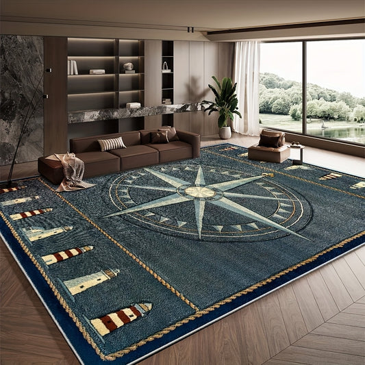 Area rug featuring a nautical compass design in coastal tones, suitable for living rooms, entryways, or beach house interiors.