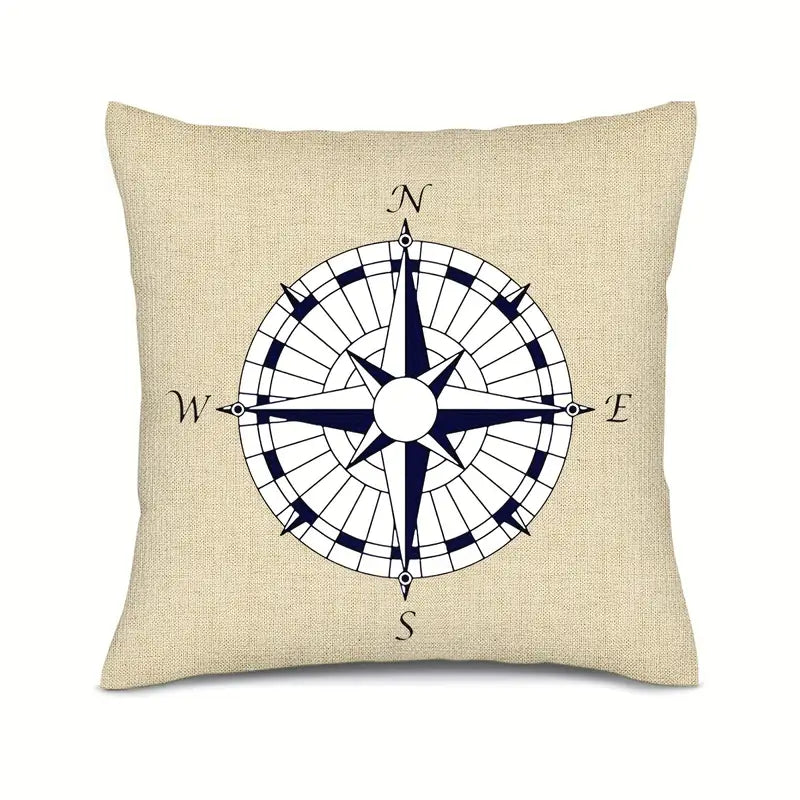 18"x18" cotton linen pillow cover featuring a navy compass rose design on a neutral background.