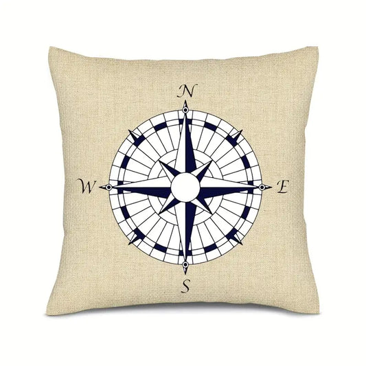18"x18" cotton linen pillow cover featuring a navy compass rose design on a neutral background.