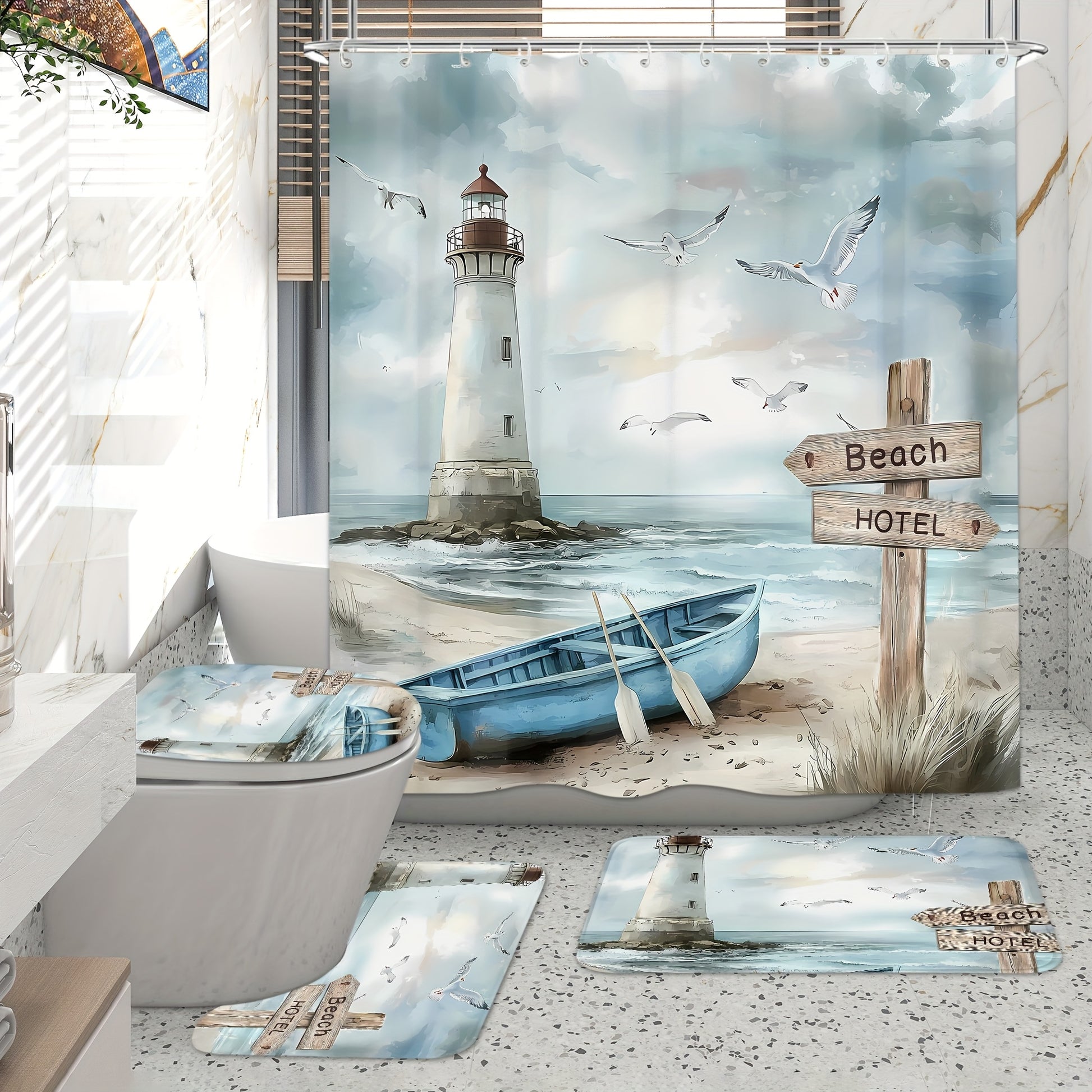 A nautical coastal lighthouse shower curtain set featuring a seaside sailboat design in blue and teal tones, complete with matching non-slip mats and bathroom accessories for a coordinated décor - Coastal Pillows Plus