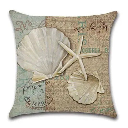 Pillow cover featuring fan-shaped seashells and a starfish on a burlap-style vintage postcard background.