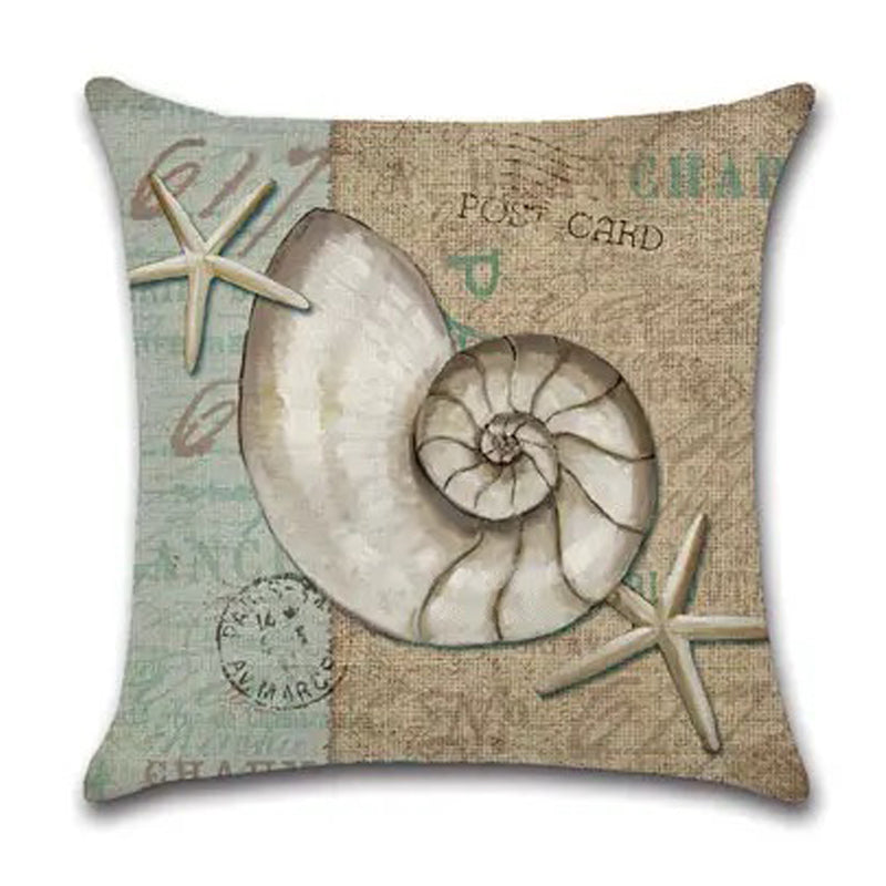 Pillow cover featuring a nautilus shell and starfish on a burlap-style vintage postcard background.