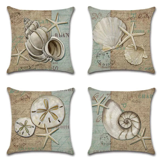 Set of four pillow covers featuring seashell and starfish arrangements on a burlap-style vintage postcard background.