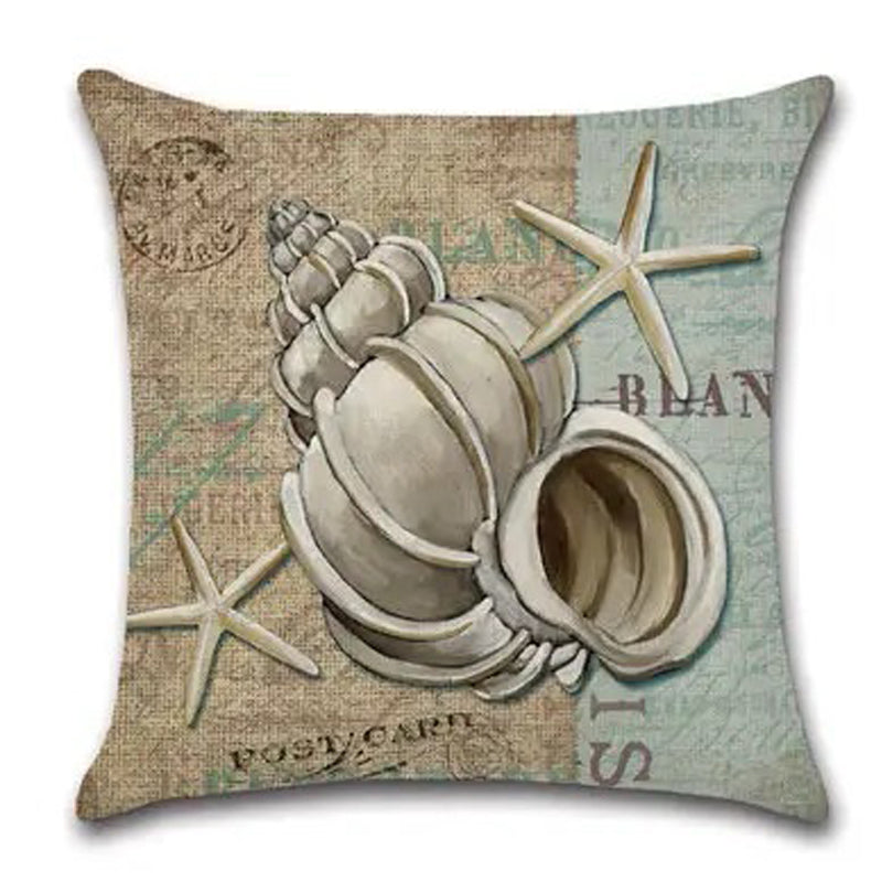 Pillow cover featuring a spiral seashell and starfish on a burlap-style vintage postcard background.