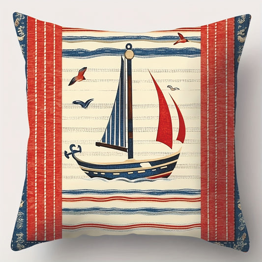 Square nautical pillow cover featuring a red, navy, and ivory sailboat design with horizontal nautical stripes, rope and anchor accents, and hidden zipper closure.