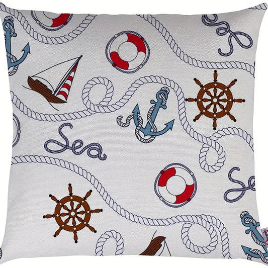 18"x18" linen pillow cover featuring anchors, ship wheels, sailboats, rope, and life preservers in a repeating nautical pattern on a cream background.