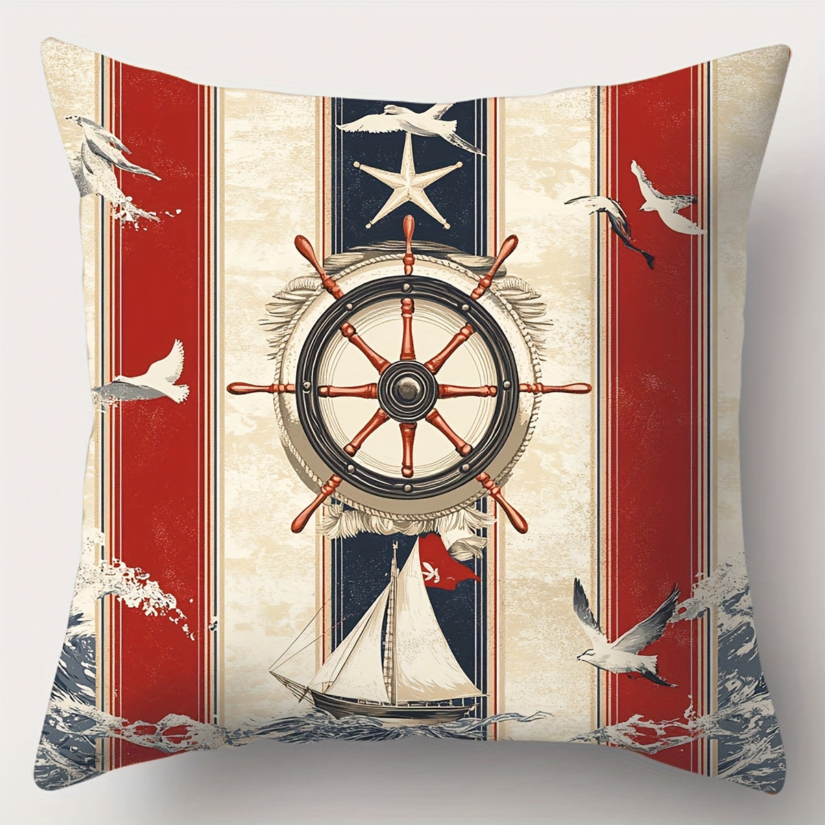 Square nautical pillow cover featuring a red, navy, and ivory ship wheel and sailboat design within a panel layout, with coastal accents and hidden zipper closure.