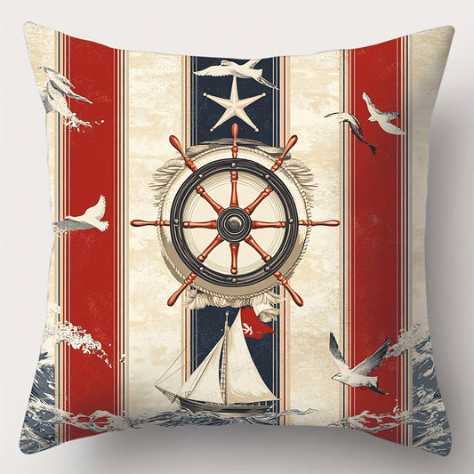 Square nautical pillow cover featuring a red, navy, and ivory ship wheel and sailboat design within a panel layout, with coastal accents and hidden zipper closure.