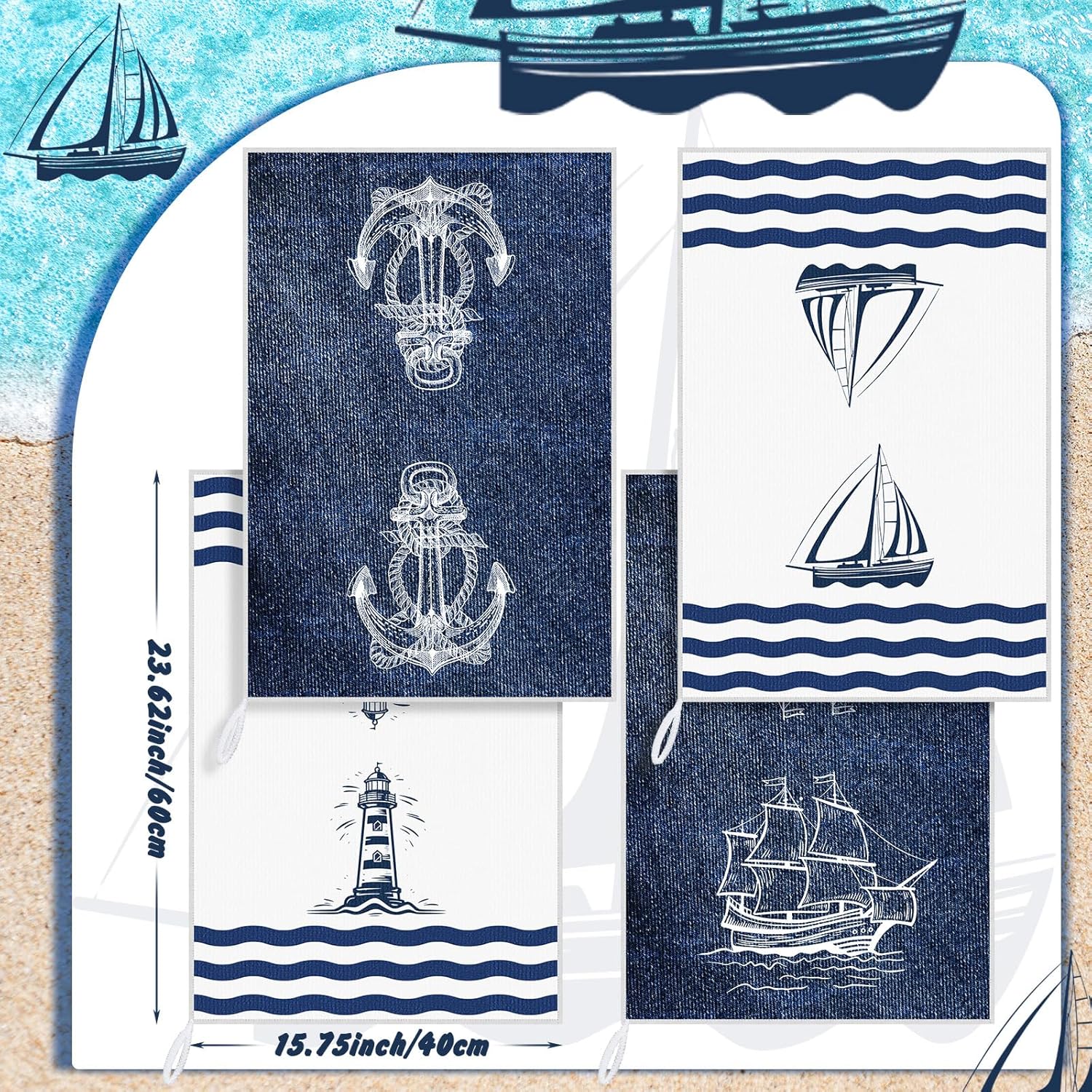 A collection of four nautical blue and white hand towels featuring anchor, sailboat, lighthouse, and clipper ship designs - Coastal Pillows Plus
