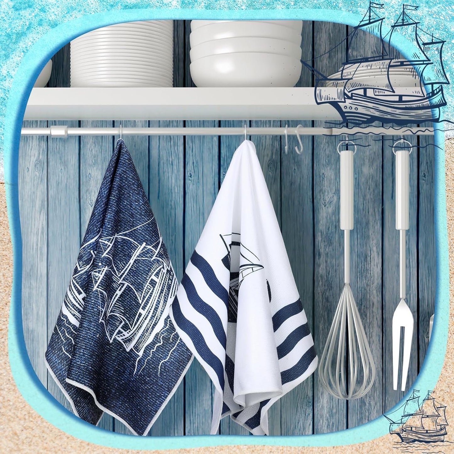 A collection of four nautical blue and white hand towels featuring anchor, sailboat, lighthouse, and clipper ship designs - Coastal Pillows Plus