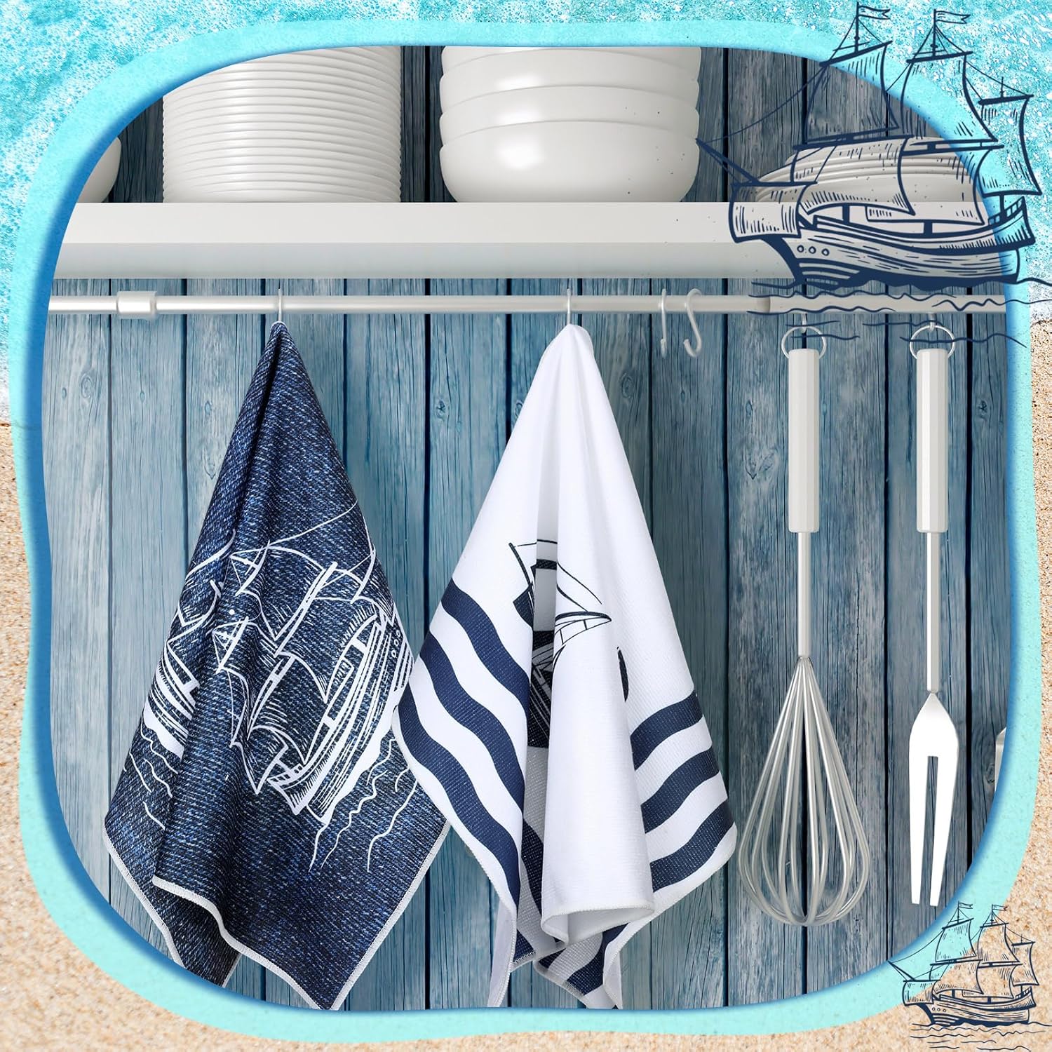 A collection of four nautical blue and white hand towels featuring anchor, sailboat, lighthouse, and clipper ship designs - Coastal Pillows Plus