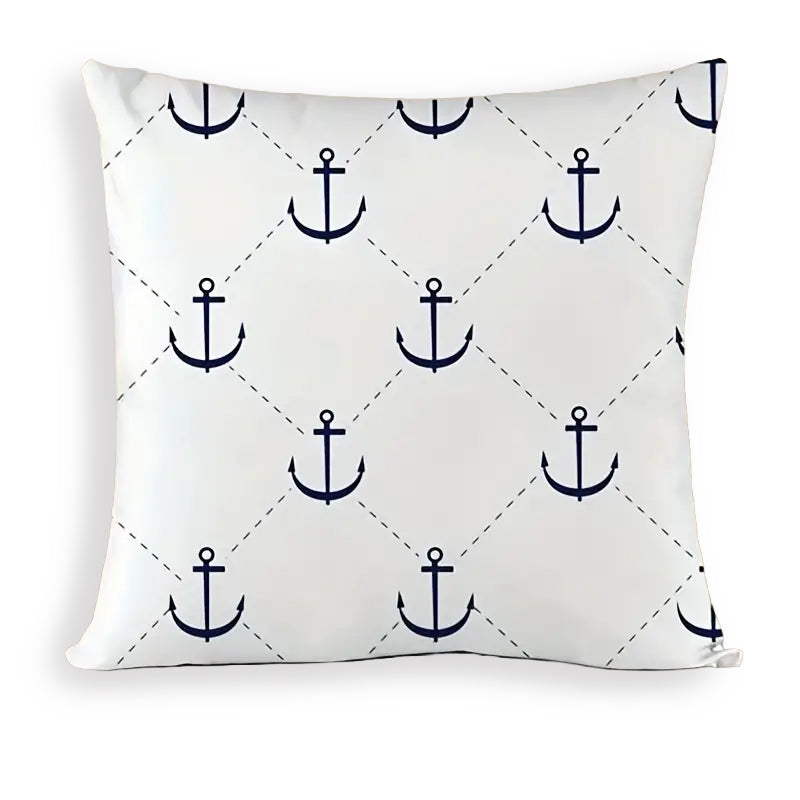 18"x18" pillow cover featuring a repeating navy anchor lattice pattern on a white background.