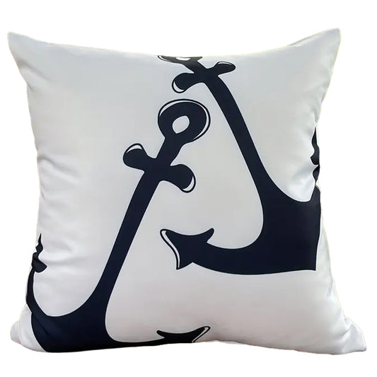 Outdoor pillow cover featuring a large navy anchor centered on a white background.