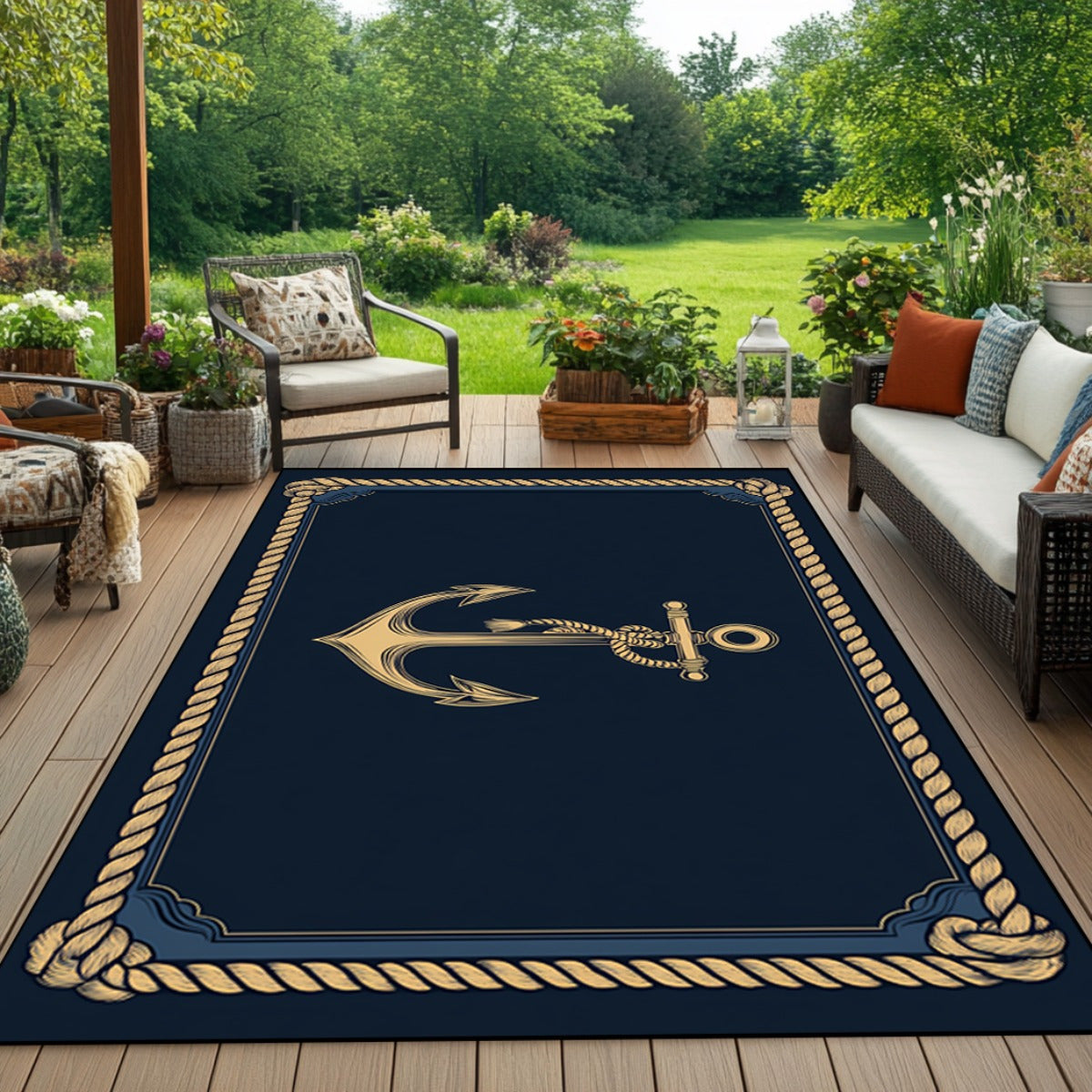 Navy entryway mat featuring a nautical anchor centered within a rope border design.