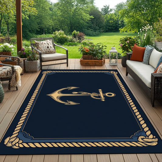 Navy entryway mat featuring a nautical anchor centered within a rope border design.