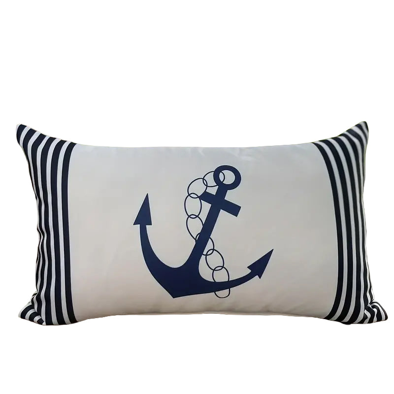 12"x20" navy anchor and chain linen lumbar pillow cover with vertical stripe panels and zippered closure.