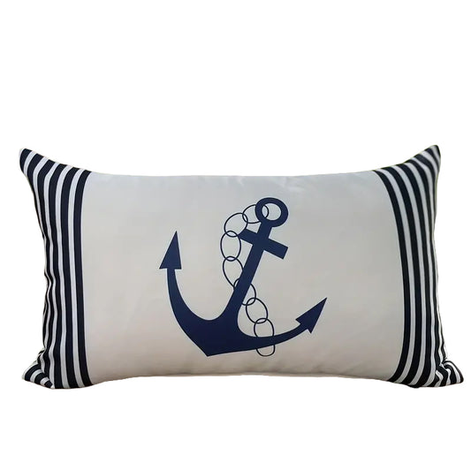 12"x20" navy anchor and chain linen lumbar pillow cover with vertical stripe panels and zippered closure.