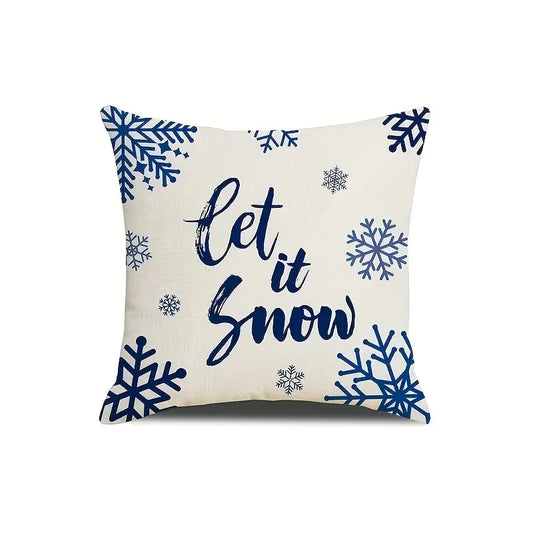 Festive 18x18 inch single-sided outdoor linen pillow cover featuring "Let it Snow" text and blue snowflakes for holiday décor – Coastal Pillows Plus