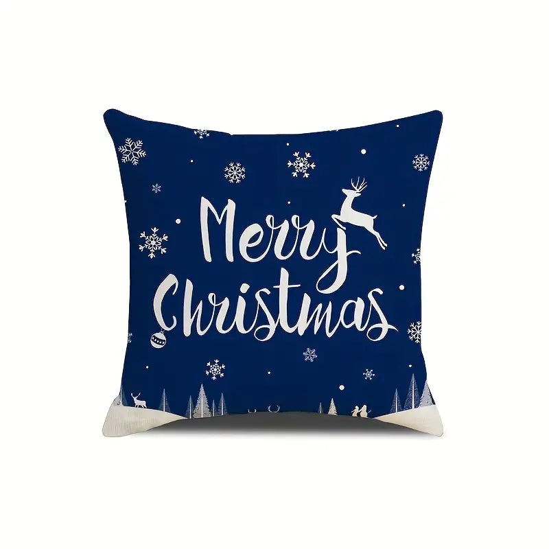 Navy blue Merry Christmas pillow cover with reindeer silhouette, snowflakes and winter trees on dark blue background.