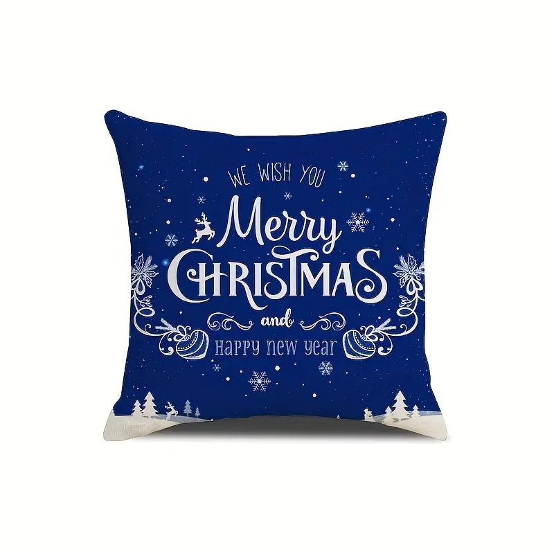 Festive 18x18 inch single-sided outdoor linen pillow cover featuring "Merry Christmas and Happy New Year" text on a navy blue star-filled background – Coastal Pillows Plus