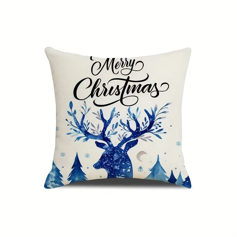 Festive 18x18 inch single-sided outdoor linen pillow cover featuring a blue watercolor reindeer with floral antlers and "Merry Christmas" script – Coastal Pillows Plus