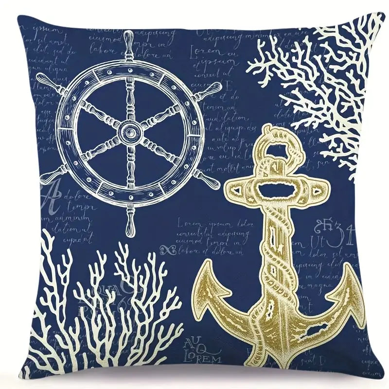 18"x18" navy linen pillow cover featuring a ship wheel and anchor design with coral accents on a dark blue background.