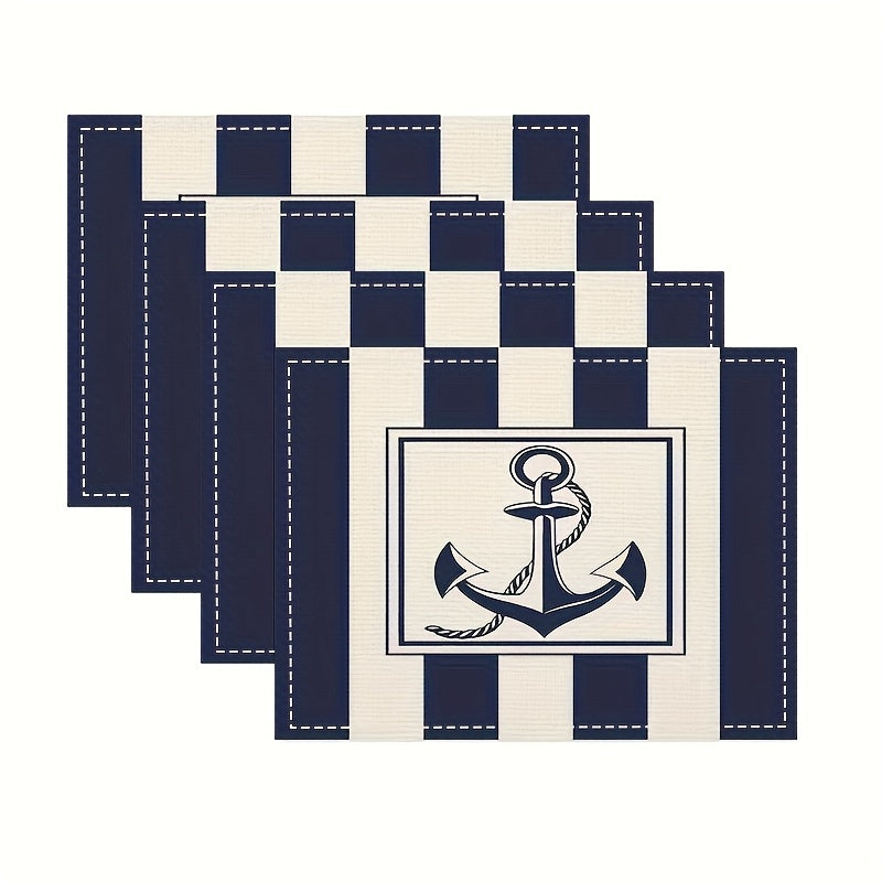 Set of navy blue and white nautical placemats with anchor design and check pattern.