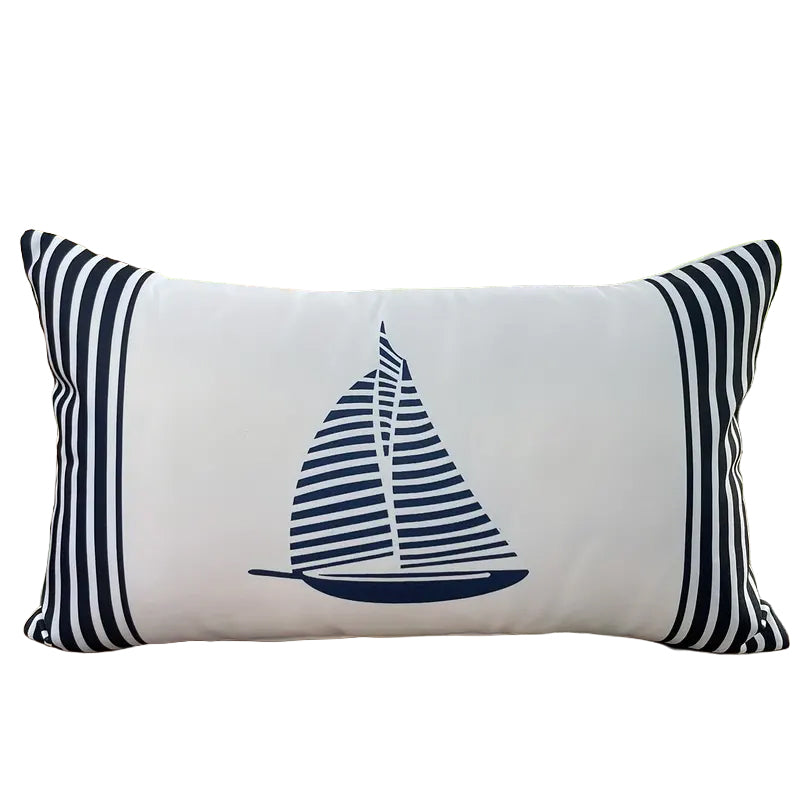 12"x20" navy sailboat linen lumbar pillow cover with vertical stripe panels and zippered closure.