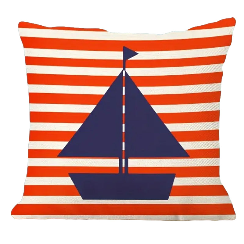 Linen pillow cover featuring a navy sailboat centered over red and white horizontal stripes.