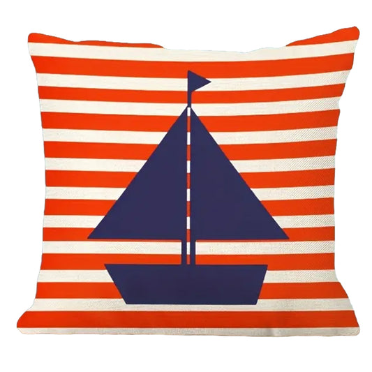 Linen pillow cover featuring a navy sailboat centered over red and white horizontal stripes.