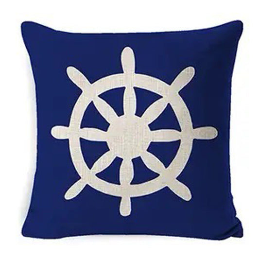Linen pillow cover featuring a navy ship wheel centered on a cream background with vintage nautical script details.