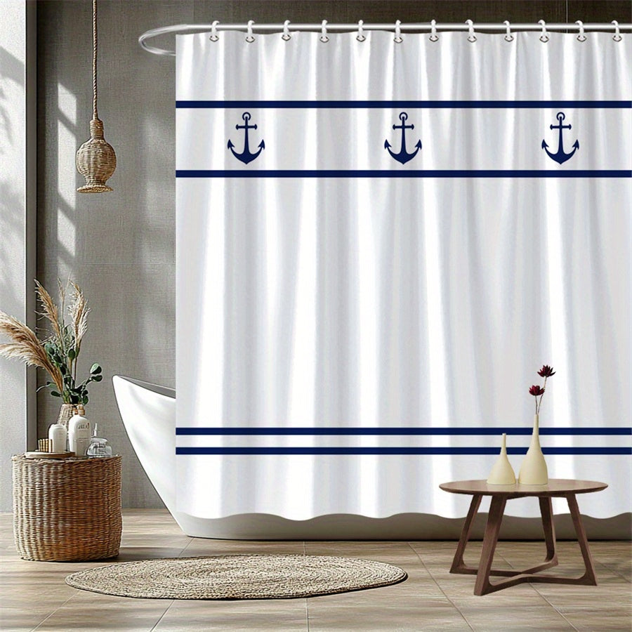 A bold nautical anchor shower curtain in dark navy and white, measuring 70.86" x 70.86" for a crisp maritime bathroom décor - Coastal Pillows Plus