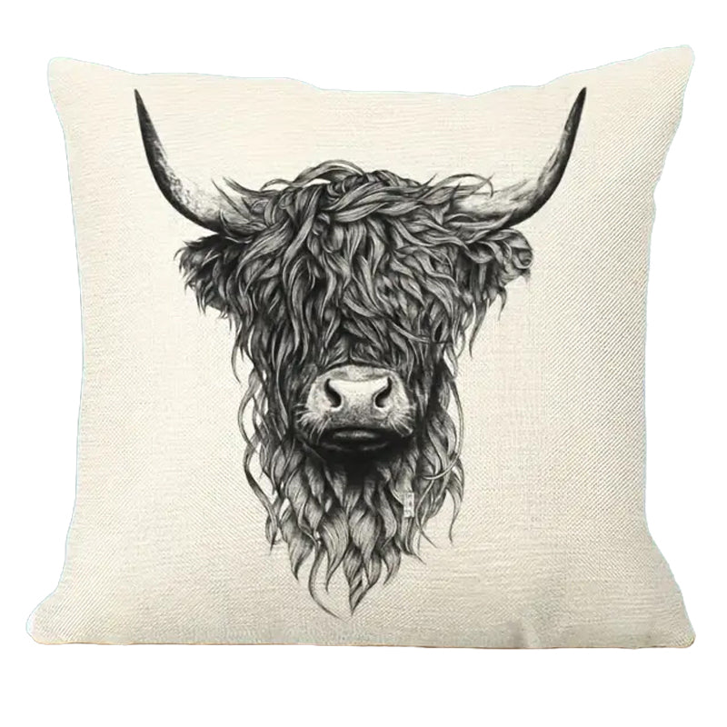 Square linen pillow cover featuring a centered monochrome Highland cow illustration with symmetrical horns on a neutral background.