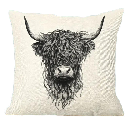 Square linen pillow cover featuring a centered monochrome Highland cow illustration with symmetrical horns on a neutral background.