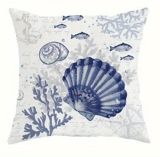 Square coastal velvet pillow cover featuring navy and ivory coral branch and seashell design with marine accents and hidden zipper closure.