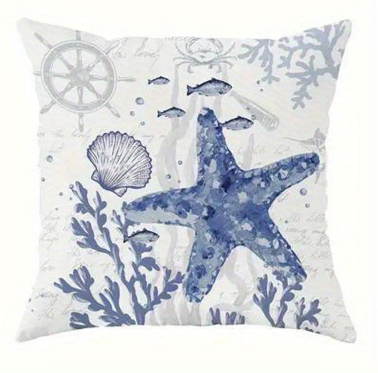 Square coastal velvet pillow cover featuring navy and ivory mixed seashell and starfish design with marine accents and hidden zipper closure.