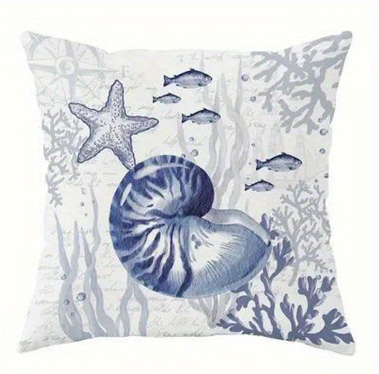 Square coastal velvet pillow cover featuring a navy and ivory nautilus shell design with coral and marine accents and hidden zipper closure.