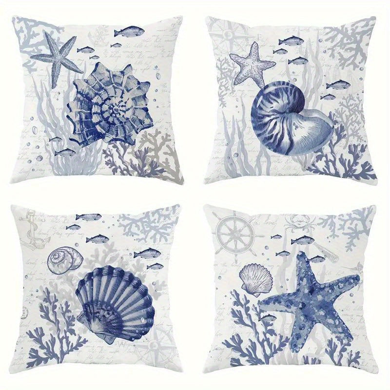 Square coastal velvet pillow cover featuring a navy and ivory starfish and spiral shell design with coral and marine accents, hidden zipper closure.