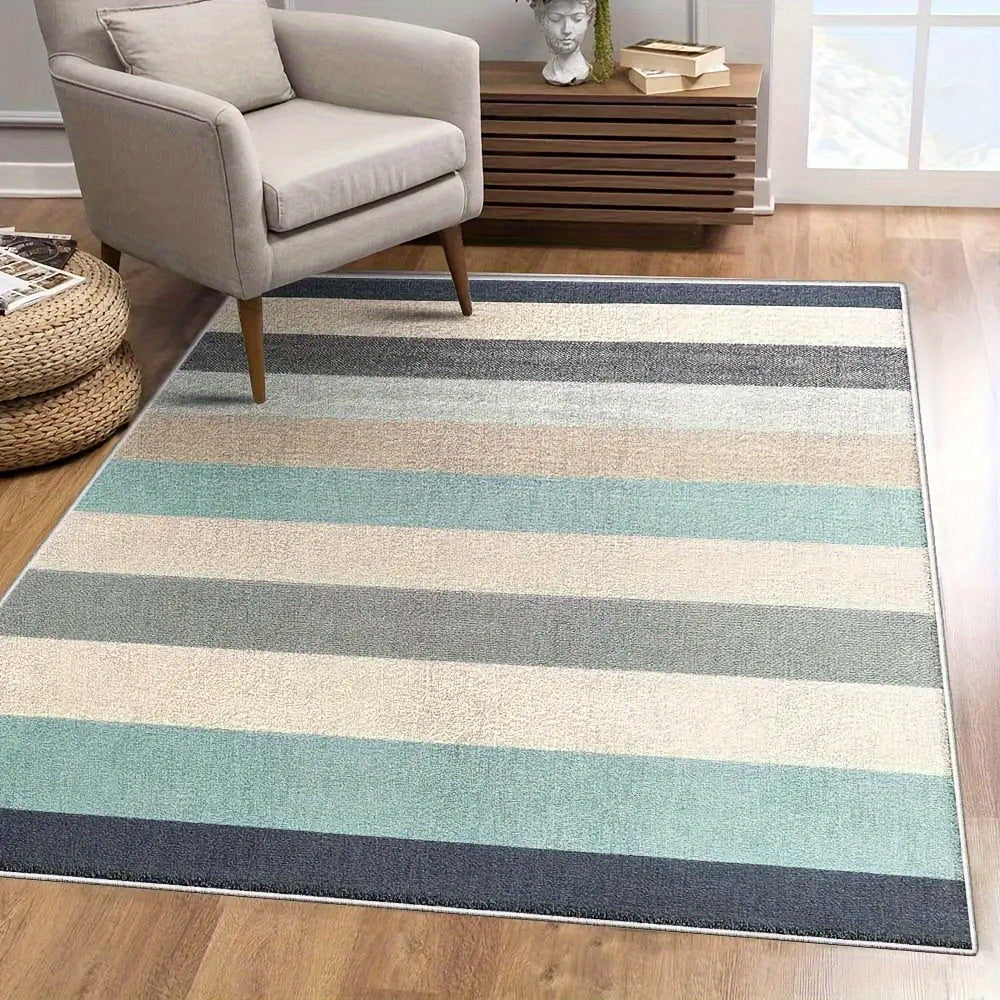 Ocean-Themed Striped Area Rug – Soft Blue-Green Waves, 3x5