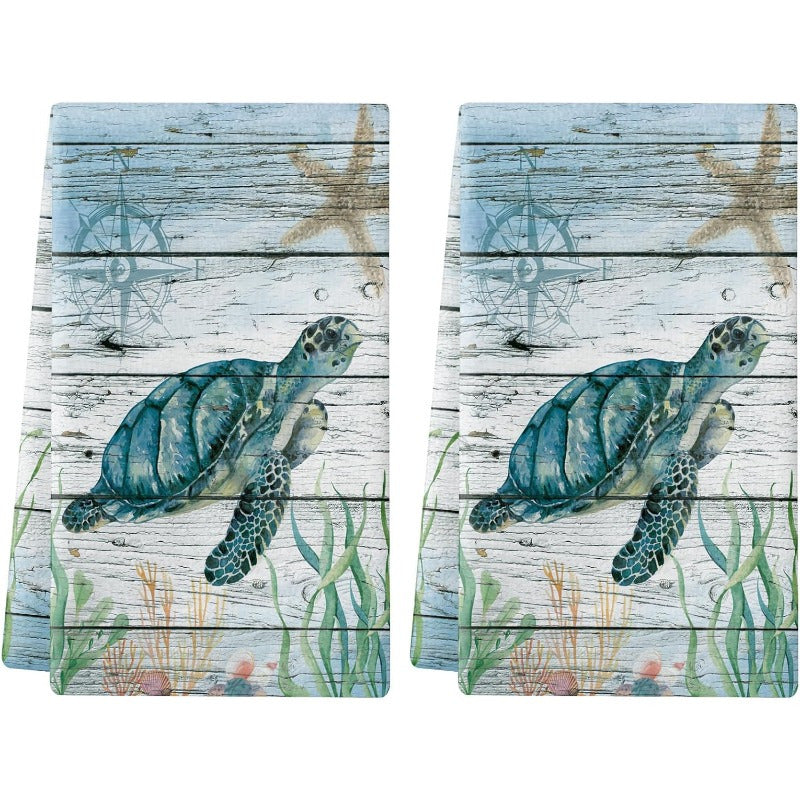 Artful Ultra-Soft Ocean and Sea Turtle Hand Towels for Artistic Coastal Décor, 18x26"